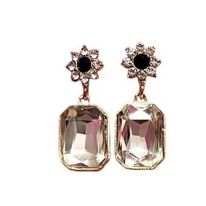 Elegant Clear Rhinestone Flower Dangle Gold Tone Earrings